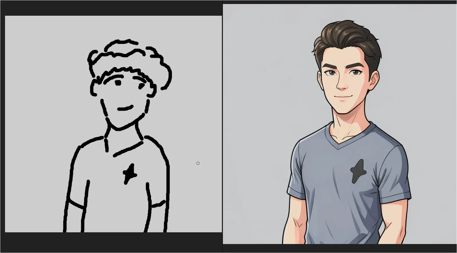 Krea Realtime Draw 모드에서 왼쪽 스케치가 오른쪽 캐릭터 이미지로 반영된 화면