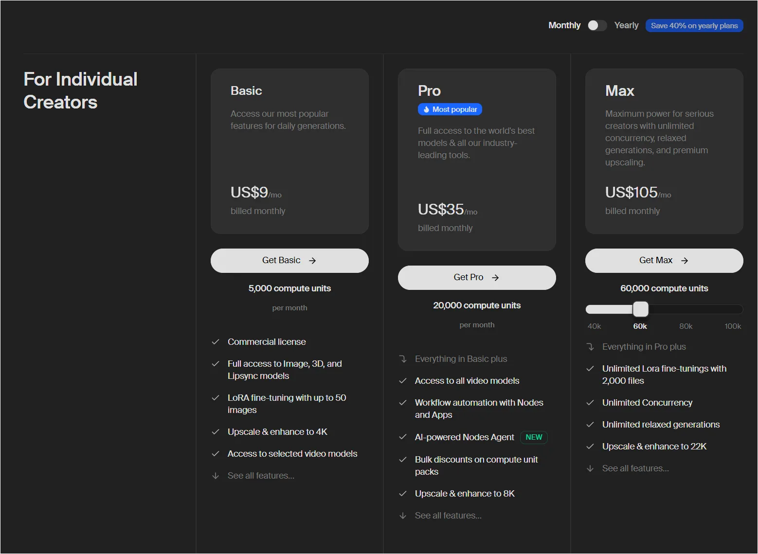 Krea 가격 화면에서 Basic, Pro, Max 플랜과 compute units가 표시된 화면