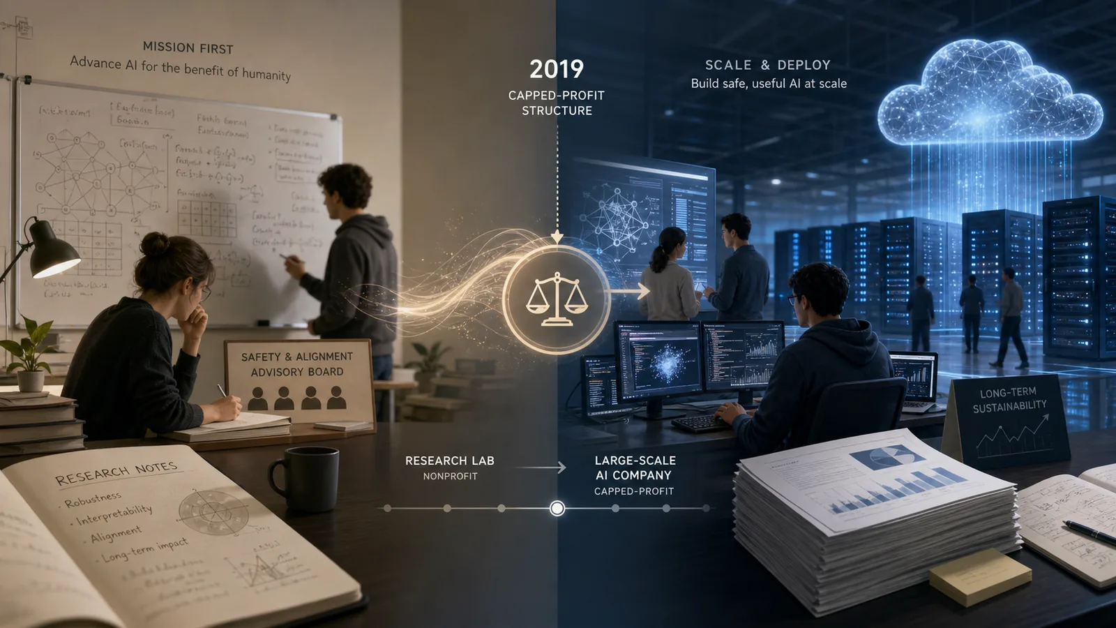 OpenAI가 연구소에서 대규모 AI 회사로 전환되는 구조 변화를 표현한 장면