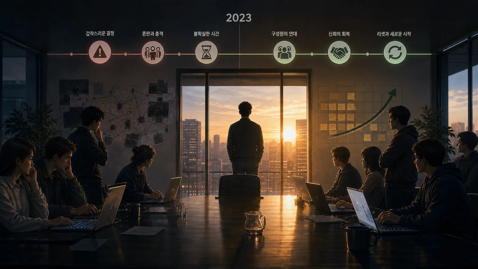 2023년 OpenAI 리더십 위기와 복귀를 상징적으로 표현한 회의실 장면