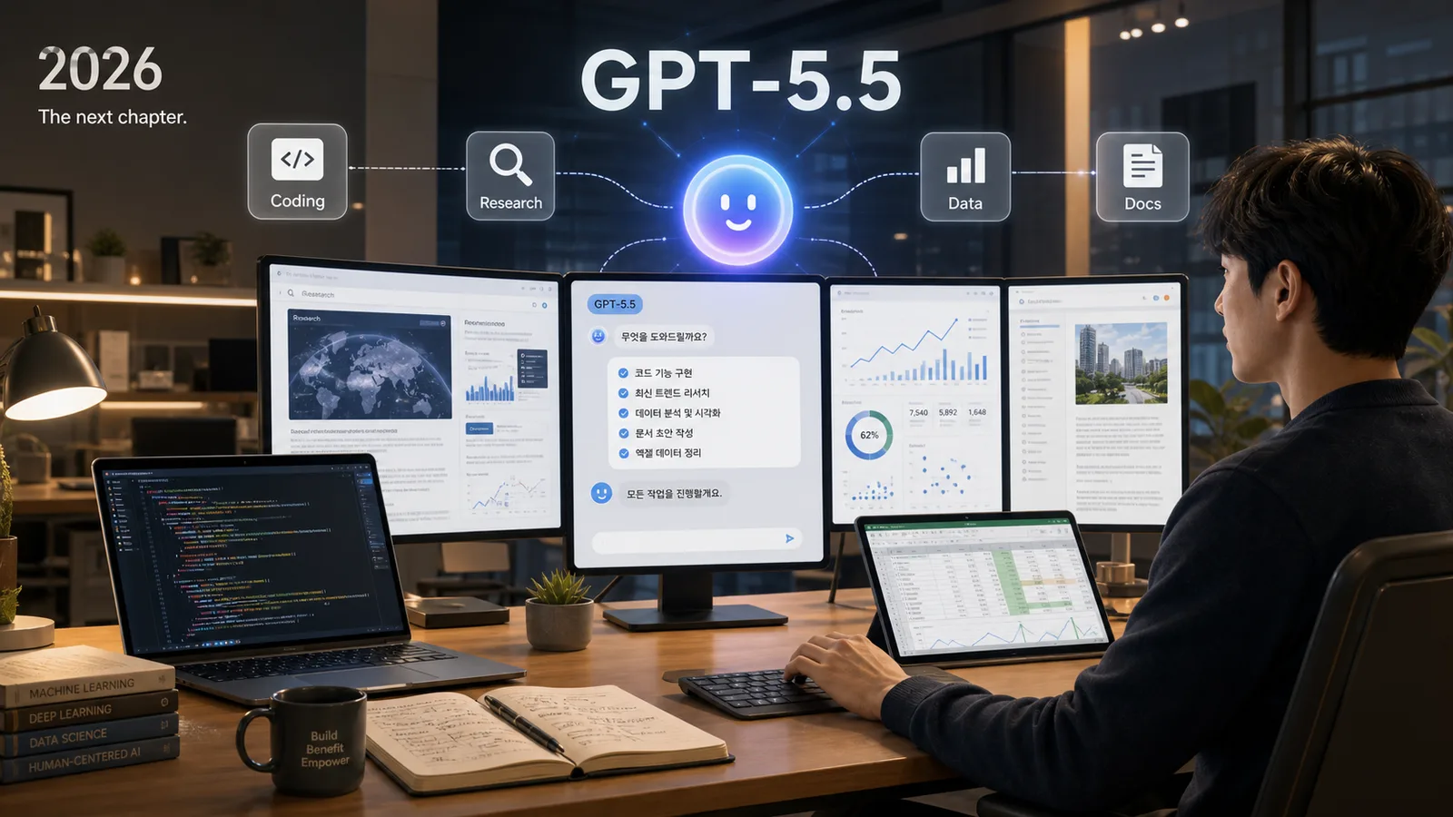GPT-5.5가 코딩 리서치 데이터 문서 작업을 함께 처리하는 현대적 업무 장면