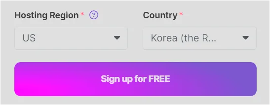 Make 무료 가입 화면에서 Hosting Region과 Country를 설정하는 화면