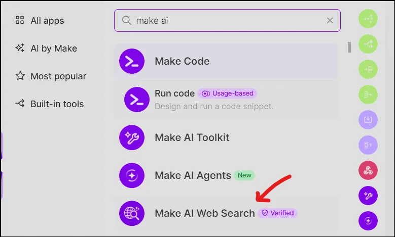 Make 앱 검색에서 Make AI Web Search Verified 앱을 선택하는 화면