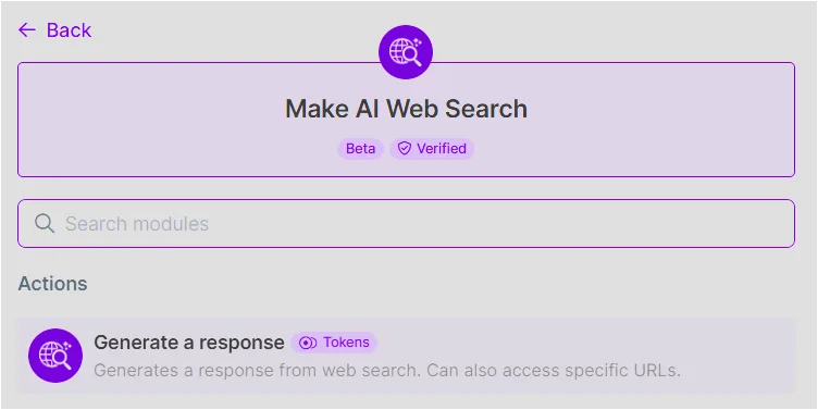 Make AI Web Search에서 Generate a response 액션을 선택하는 화면