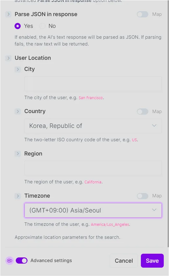 Make AI Web Search 고급 설정에서 Country와 Asia Seoul 시간대를 설정하는 화면