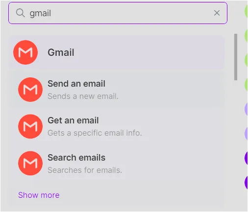 Make 앱 검색에서 Gmail Send an email 모듈을 선택하는 화면