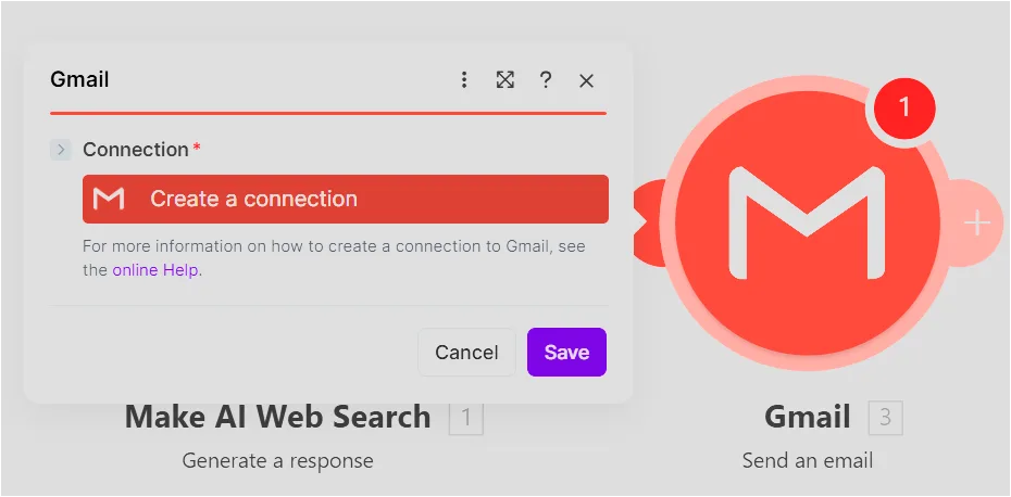 Make Gmail 모듈에서 Create a connection 버튼을 누르는 화면