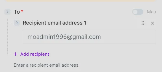 Make Gmail Send an email 모듈에서 수신자 이메일 주소를 입력하는 화면