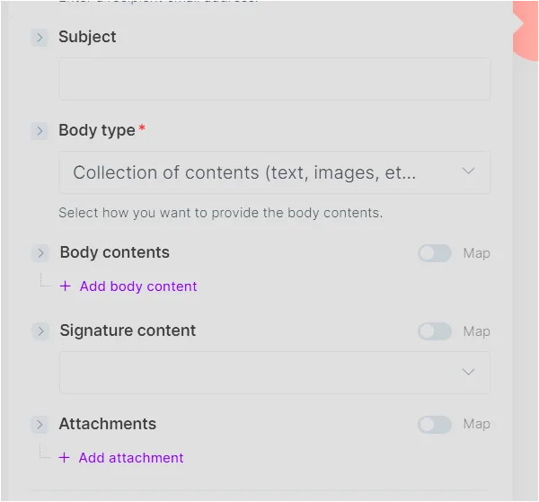 Make Gmail 모듈에서 Subject, Body type, Body contents 영역이 보이는 화면