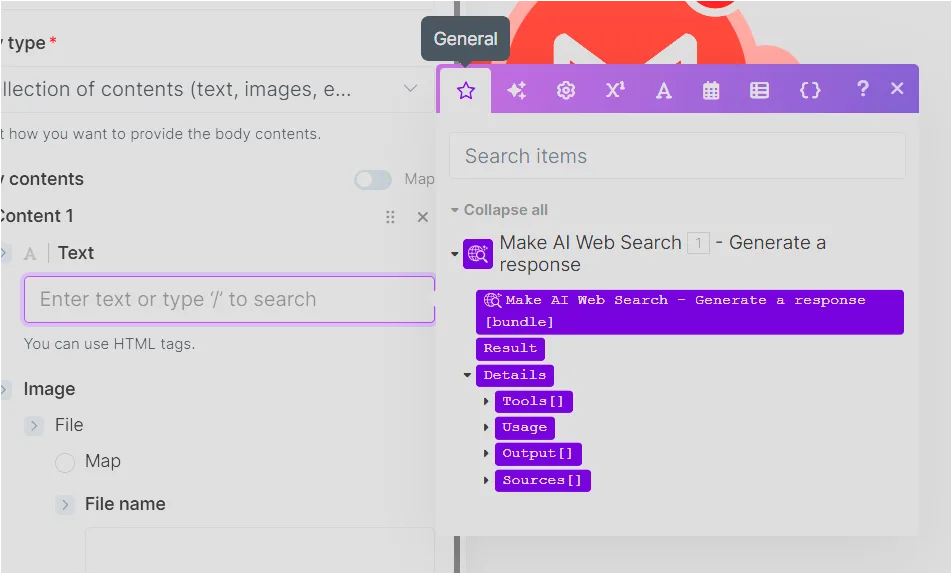 Make Gmail Body contents Text 칸에 Make AI Web Search result 값을 매핑하는 화면