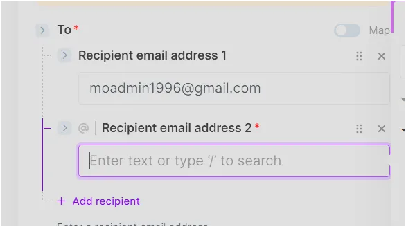 Make Gmail 모듈에서 Add recipient로 두 번째 수신자를 추가하는 화면