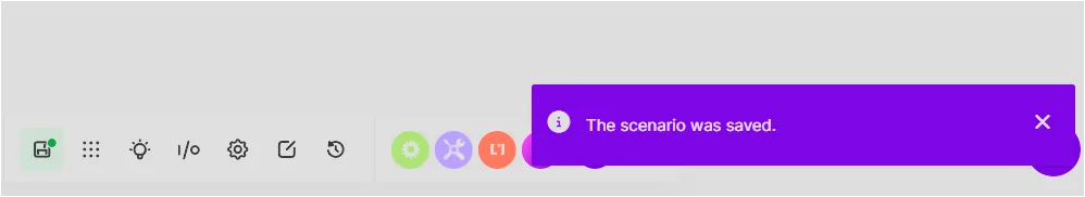 Make에서 The scenario was saved 메시지가 표시되는 화면