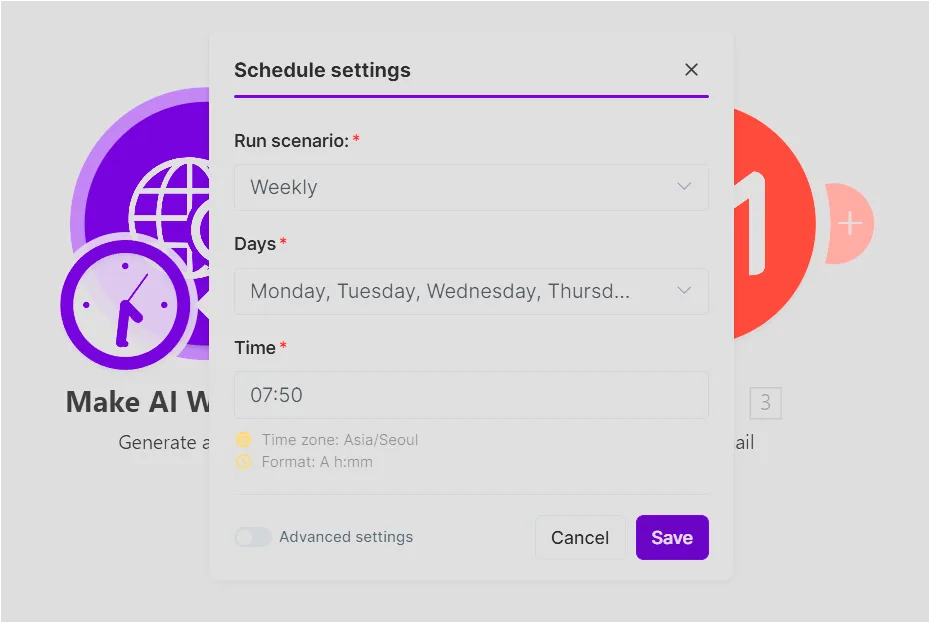 Make Schedule settings에서 Weekly 실행 요일과 07:50 시간을 저장하는 화면