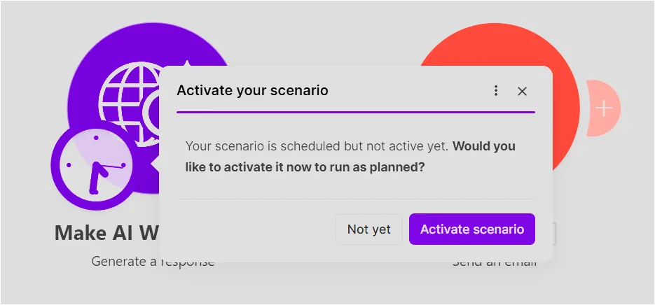 Make에서 Activate scenario 버튼으로 예약 실행을 활성화하는 화면