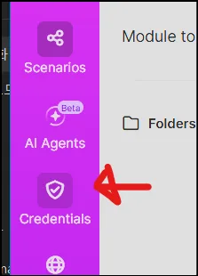 Make 왼쪽 메뉴에서 Credentials 위치를 확인하는 화면