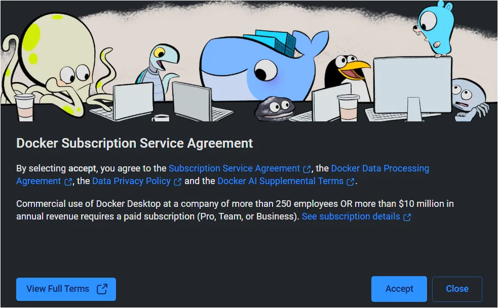 Docker Desktop Subscription Service Agreement에서 Accept 버튼을 확인하는 화면