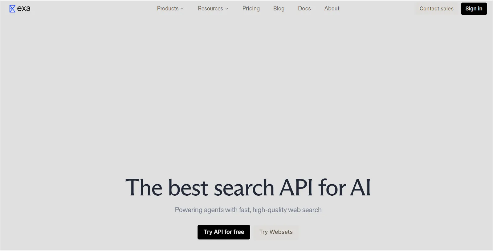 Exa 홈페이지에서 Try API for free 버튼을 확인하는 화면