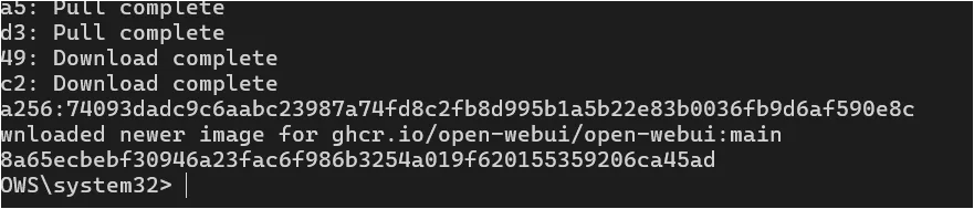 Open WebUI Docker 이미지 다운로드와 컨테이너 생성이 완료된 PowerShell 화면
