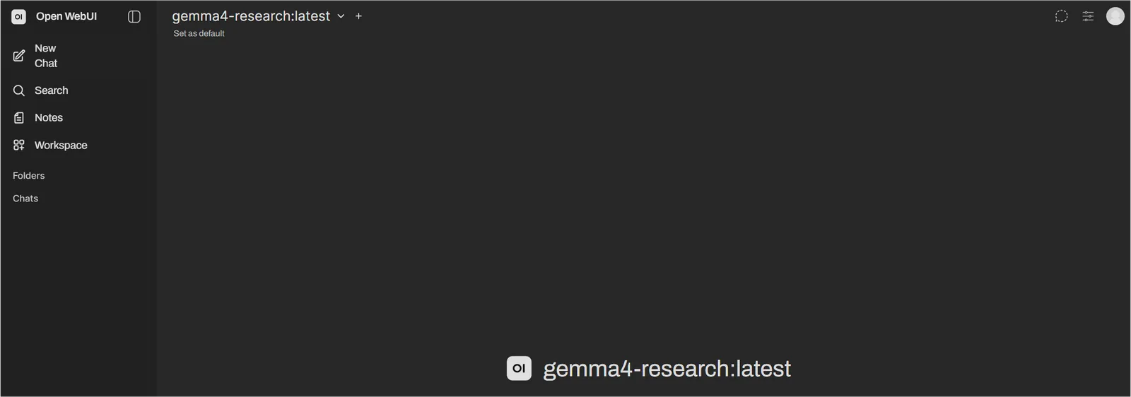 Open WebUI에 Gemma 4 모델이 표시된 첫 접속 완료 화면