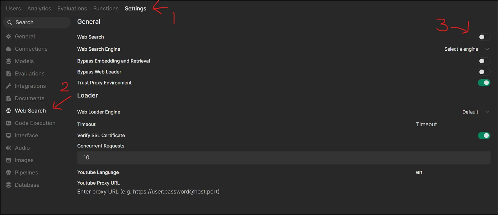 Open WebUI Admin Panel에서 Settings와 Web Search 메뉴를 선택하는 화면