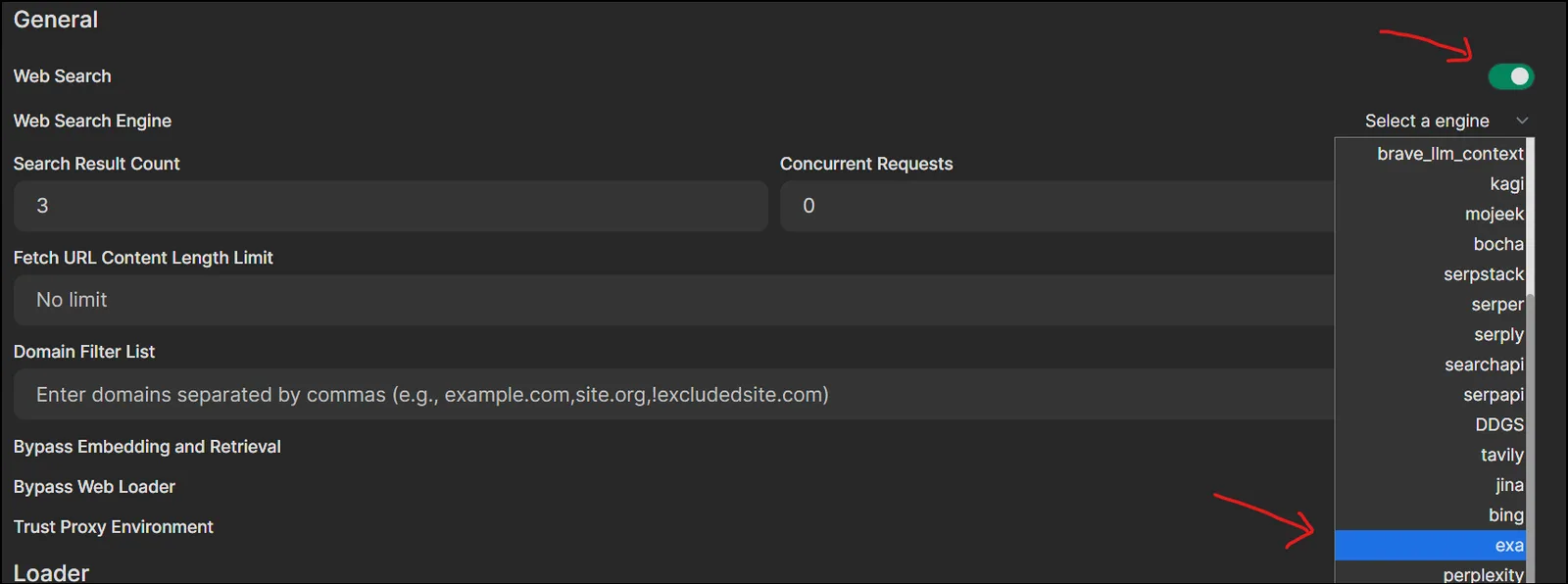 Open WebUI Web Search Engine 목록에서 Exa를 선택하는 화면