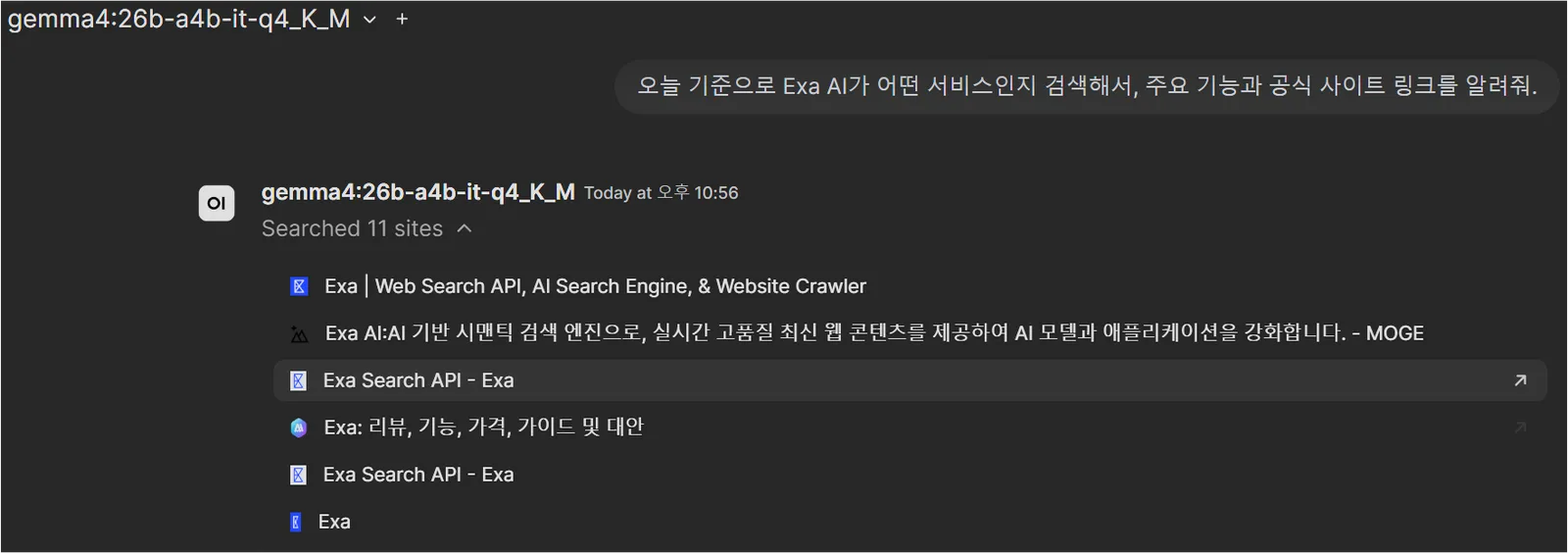 Open WebUI에서 Gemma 4가 웹 검색으로 여러 사이트를 검색한 화면