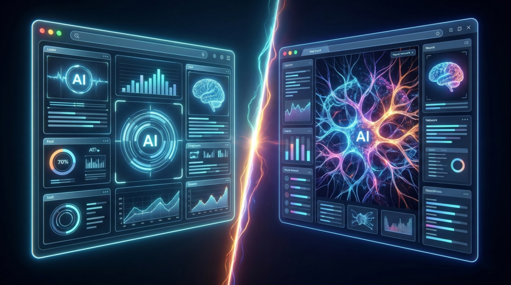 나노바나나 VS 미드저니 최신 웹사이트 인터페이스 화면 비교 묘사