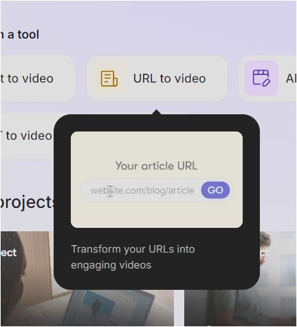 Pictory 대시보드에서 URL to video 기능을 선택하는 화면