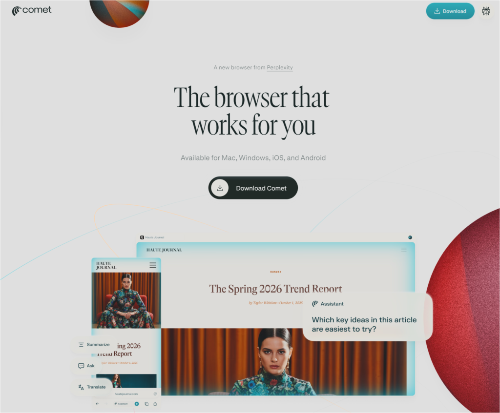 Perplexity Comet 공식 페이지에서 Download Comet 버튼이 보이는 화면
