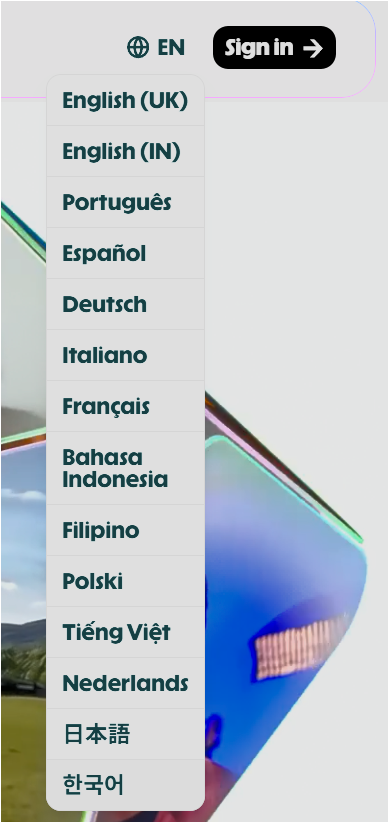 HeyGen 언어 선택 메뉴에서 한국어 옵션을 선택하는 화면