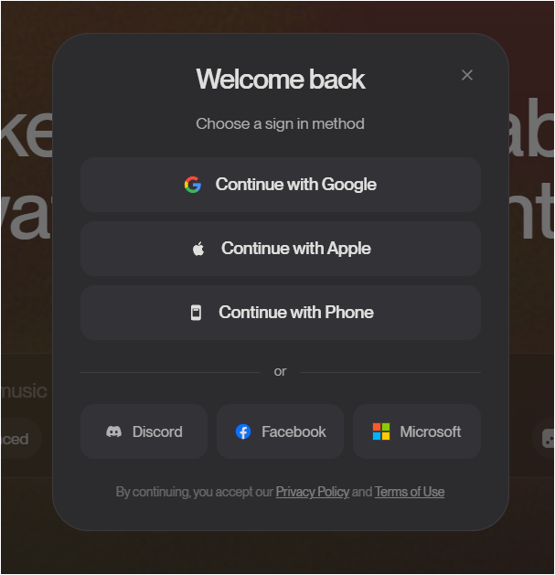 Suno 로그인 창에서 Google Apple Phone Discord Facebook Microsoft 로그인 옵션이 보이는 화면