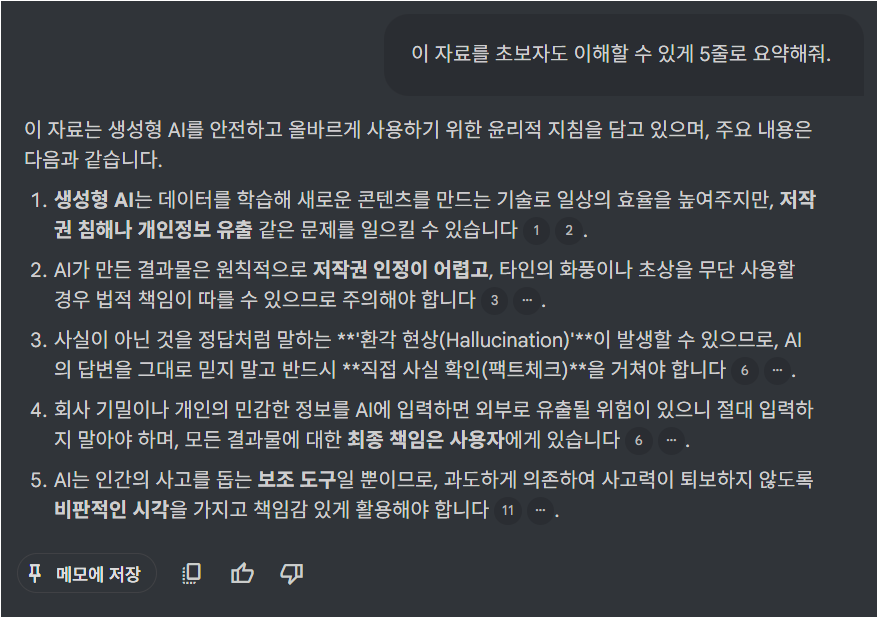 NotebookLM에 한국어 5줄 요약을 요청한 결과 화면