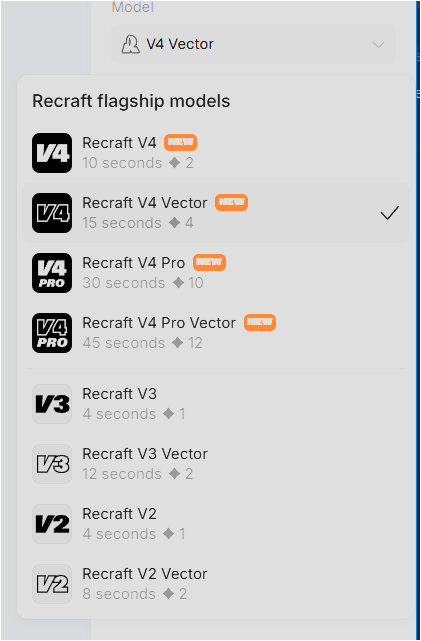 Recraft 모델 선택 메뉴에서 V4 Vector 모델이 선택된 화면