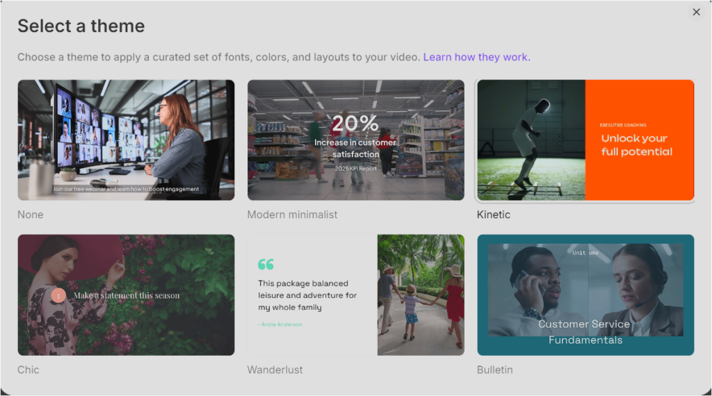 Pictory에서 영상에 적용할 테마를 선택하는 화면