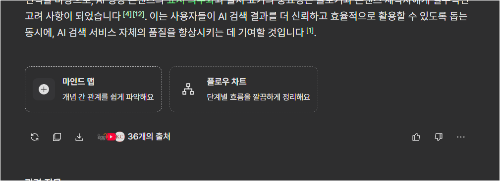 라이너 딥 리서치 결과 하단에 마인드맵, 플로우 차트, 36개의 출처 버튼이 보이는 화면
