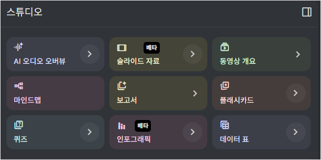 NotebookLM Studio에서 오디오 동영상 마인드맵 퀴즈 도구가 보이는 화면