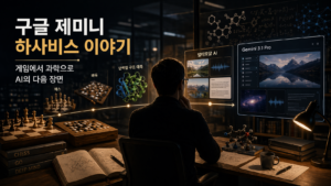 구글 제미니와 하사비스의 AI 여정을 체스, 바둑, 단백질 구조, Gemini 화면으로 표현한 대표 이미지