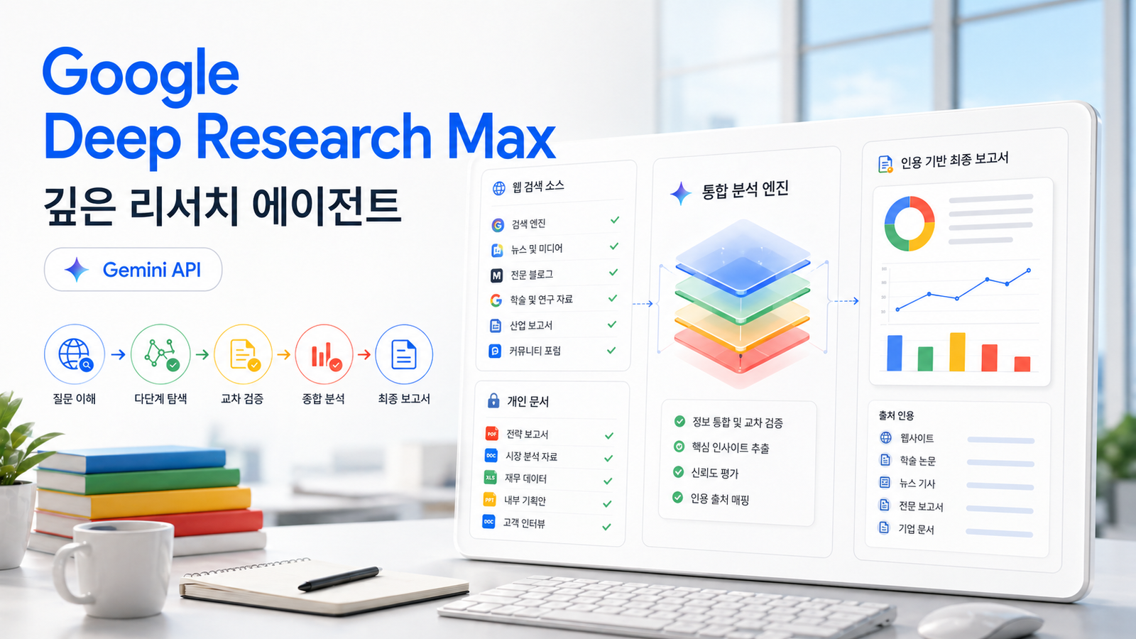Google Deep Research Max가 웹 자료와 개인 문서를 종합해 출처 기반 보고서를 만드는 과정을 보여주는 대시보드