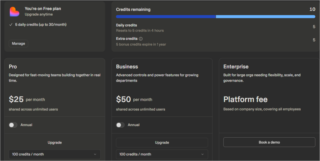 Lovable 플랜 확인창