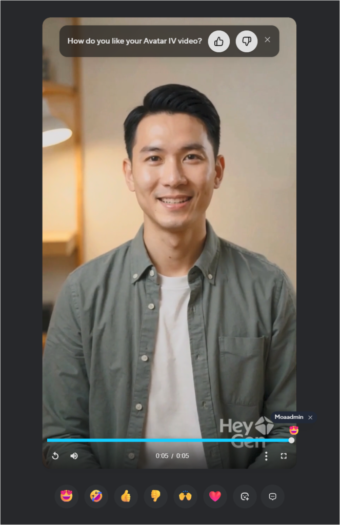 HeyGen에서 생성된 AI 아바타 영상을 재생해 확인하는 화면