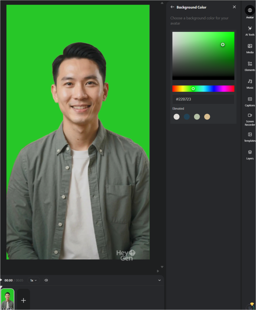 HeyGen 편집 화면에서 아바타 영상의 배경색을 변경하는 화면
