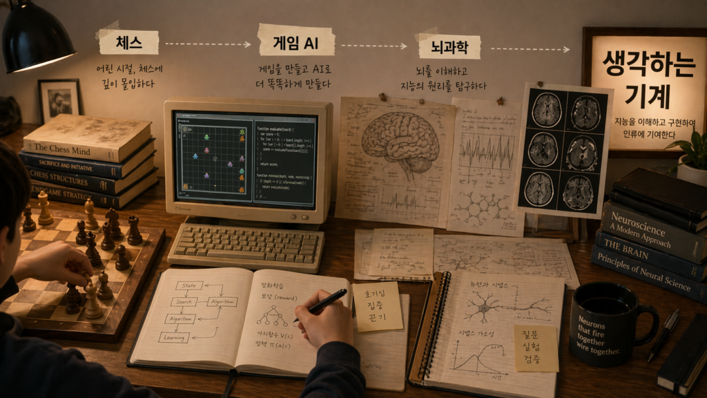 체스 → 게임 AI → 뇌과학 → 생각하는 기계로 이어지는 책상 위 콜라주