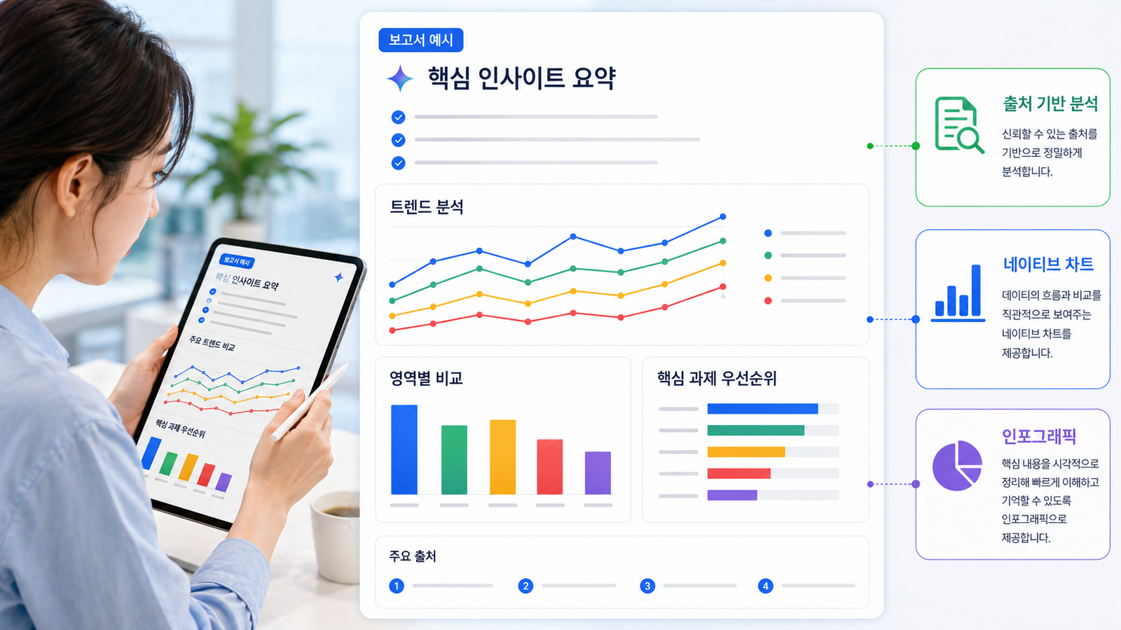 출처 기반 분석 보고서 안에 네이티브 차트와 인포그래픽이 포함된 예시 화면