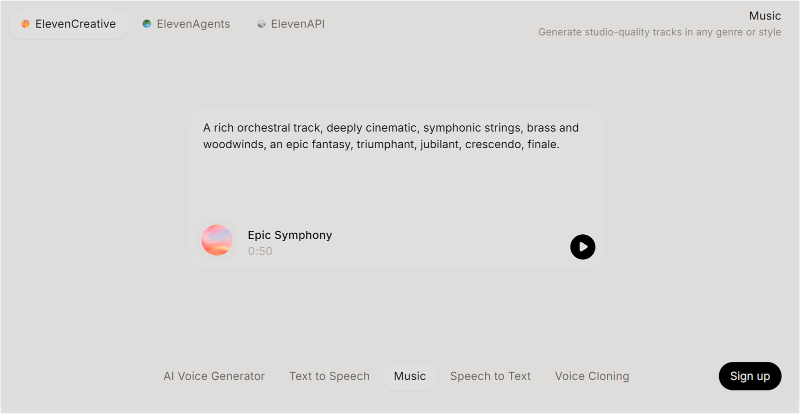 elevenlabs music 의 웹사이트 속 music 섹션