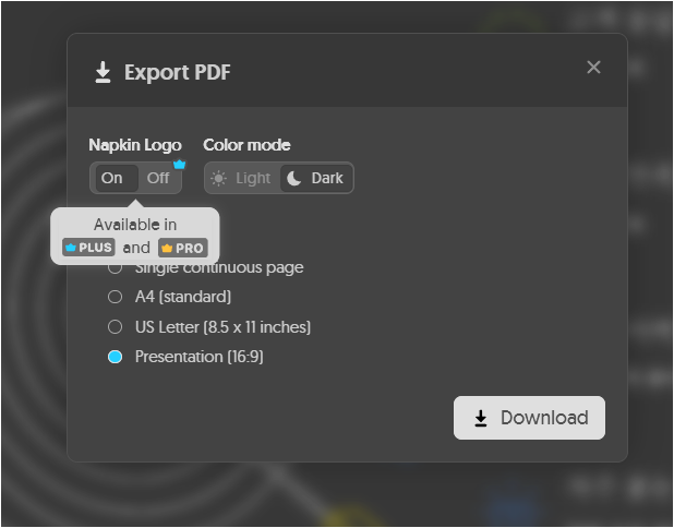 napkin ai 무료버전은 logo를 off 할수 없는걸 보여주는 사진