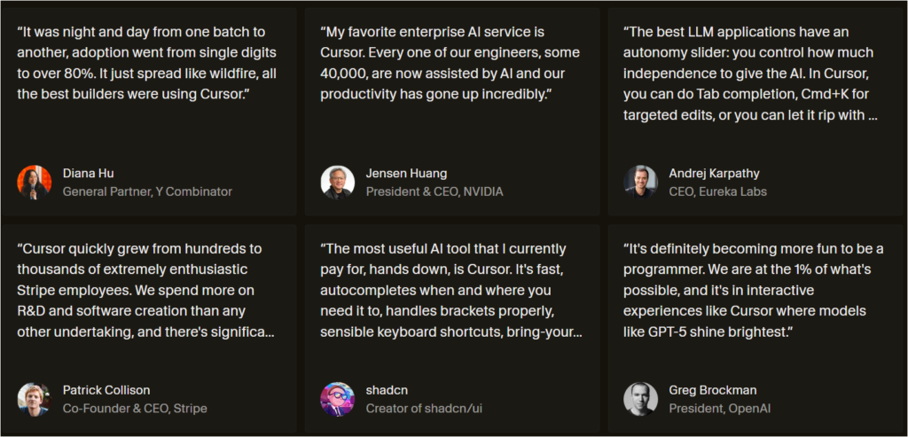 Cursor 홈페이지의 평가 칸을 캡쳐한 장면