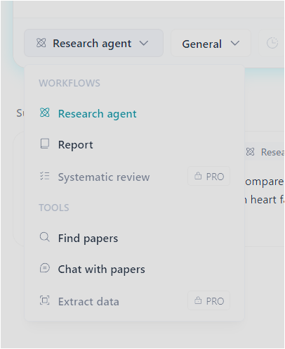 Elicit 워크플로우 메뉴에서 Research agent, Report, Find papers, Chat with papers를 선택하는 화면