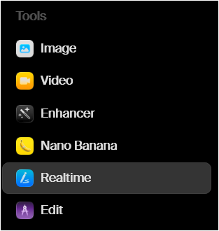 Krea 왼쪽 메뉴에서 Image, Video, Enhancer, Realtime 기능을 선택하는 화면