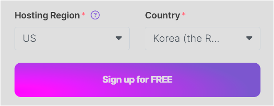 Make 무료 가입 화면에서 Hosting Region과 Country를 설정하는 화면