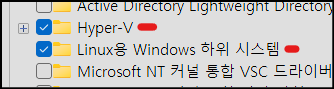 Windows 기능에서 Hyper-V와 Linux용 Windows 하위 시스템을 켠 화면